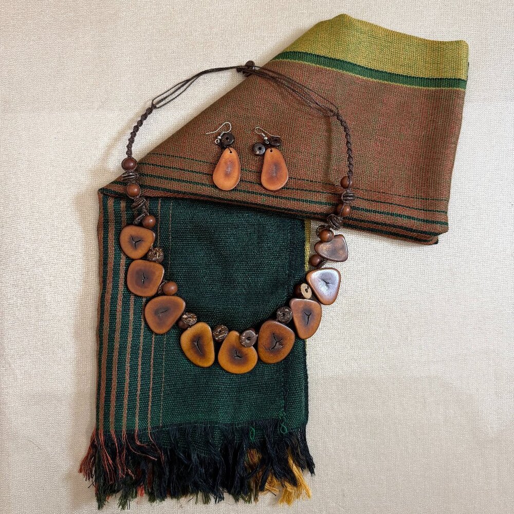Green Orange And Gold Scarf And Brown Tagua Earrings And Necklace Accessory Set